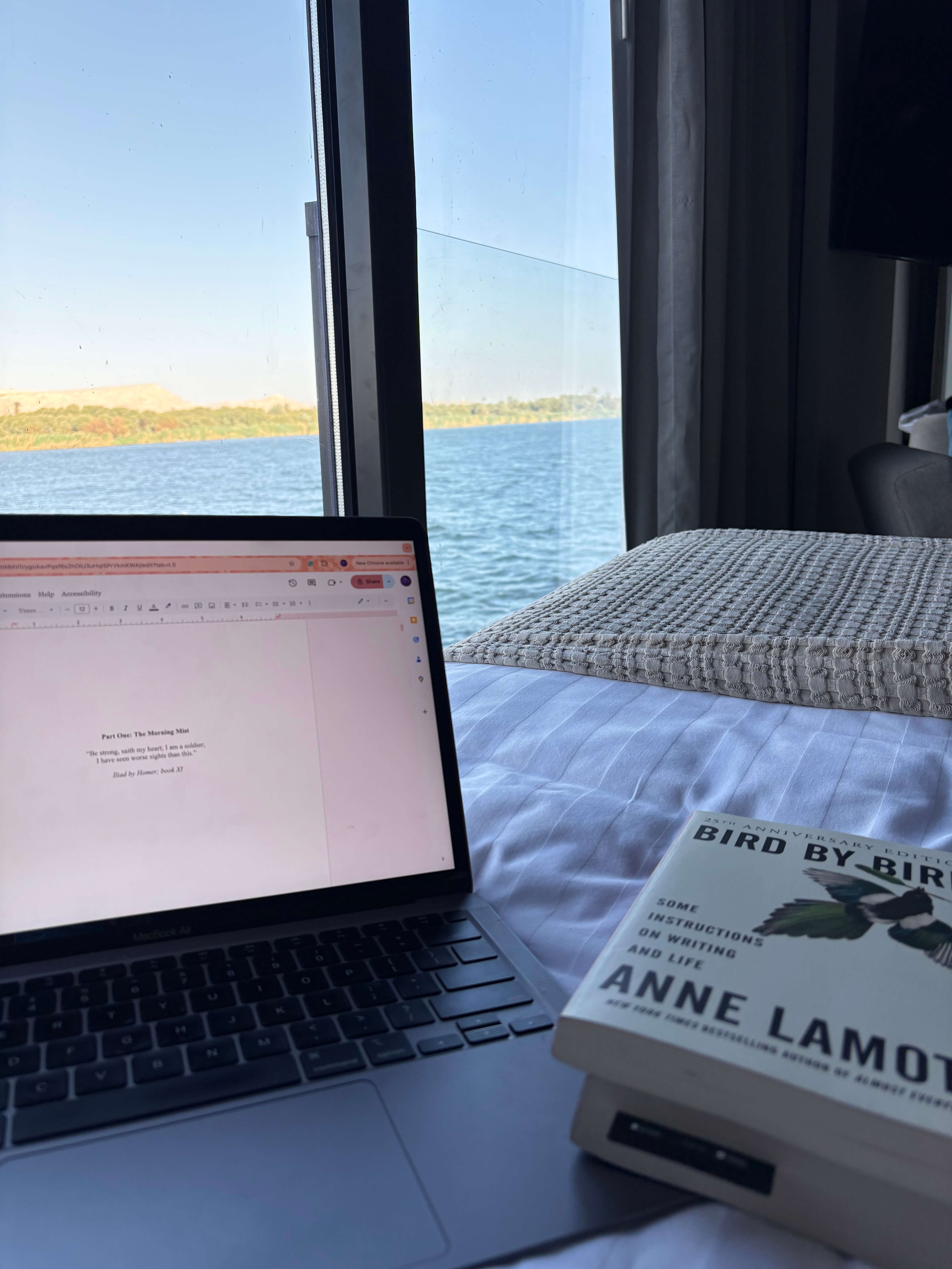 Book and computer on a bed